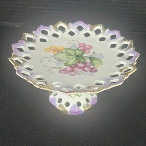 Lefton China Pedestal Dish Hand Painted Grape Design Diamond Reticulated Edge